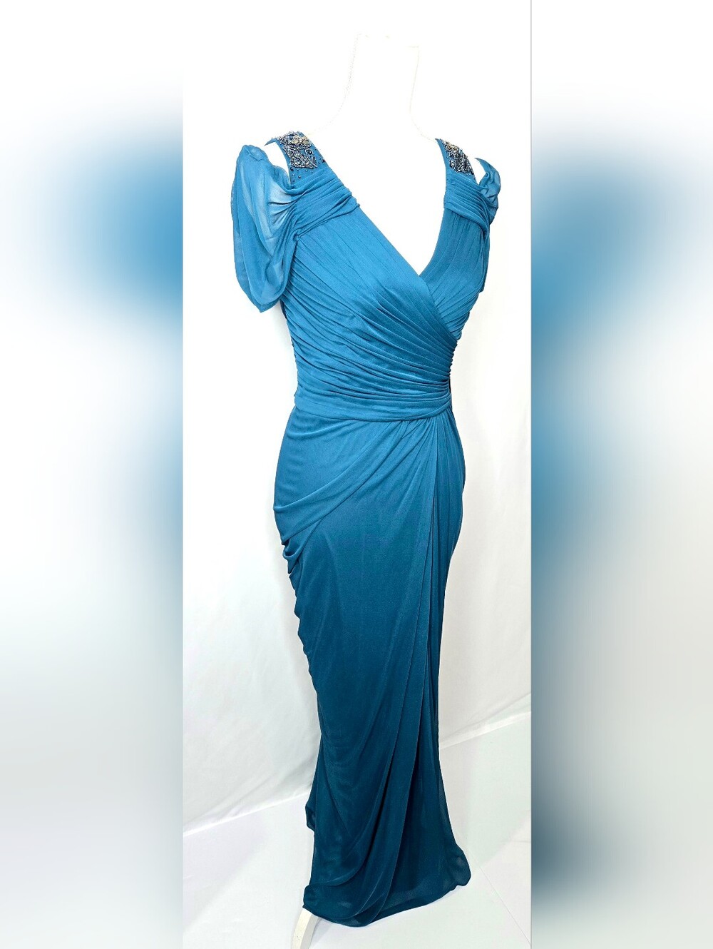 Adrianna Papell Wedding Guest Peacock Teal Beaded Chiffon Evening Gown NWOT 10 - Picture 3 of 14